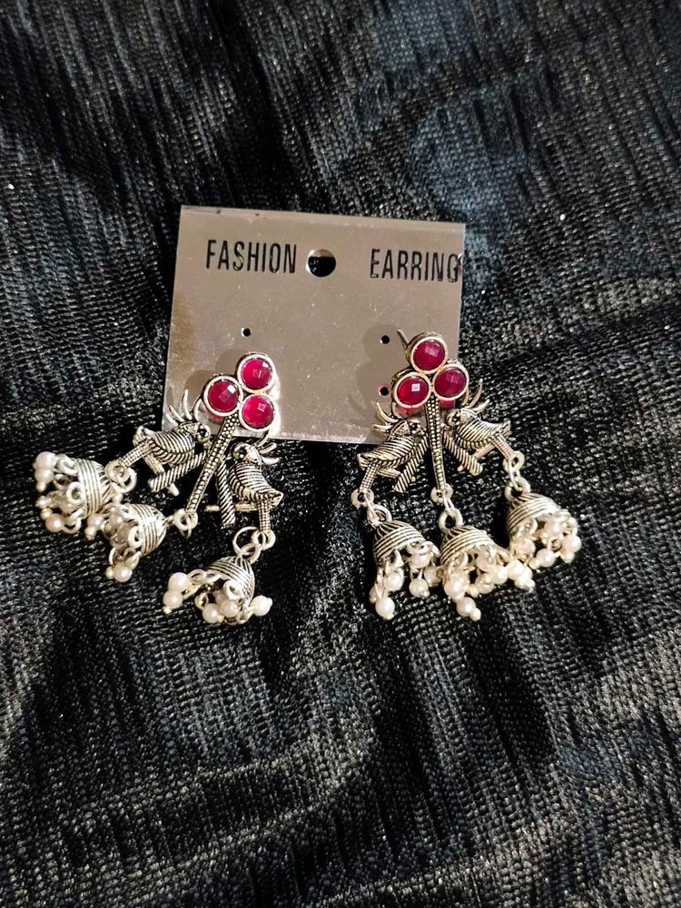 Red Stone Jhumka Earrings