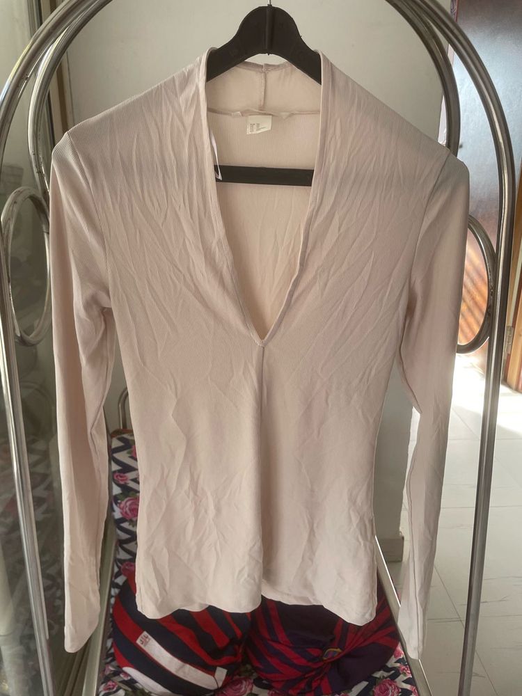 Elegant Beige V-Neck Long Sleeve Top