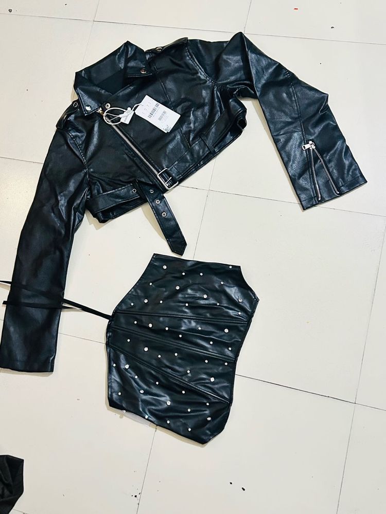 Size L - Leather Jacket With  Lace Up Tube Top