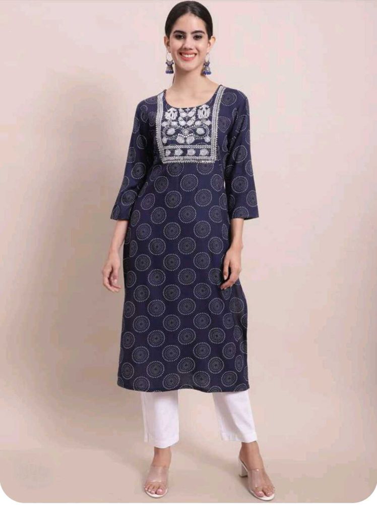 Blue Circle Print Kurti with Embroidered Detail