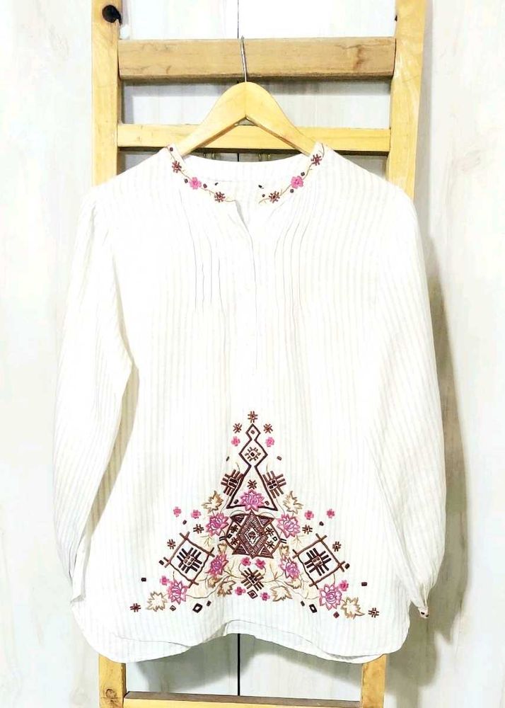 Embroidered White Tunic Top Size-40