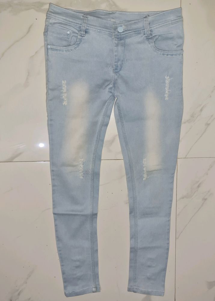 Sky Blue Slim Fit Ripped Jeans