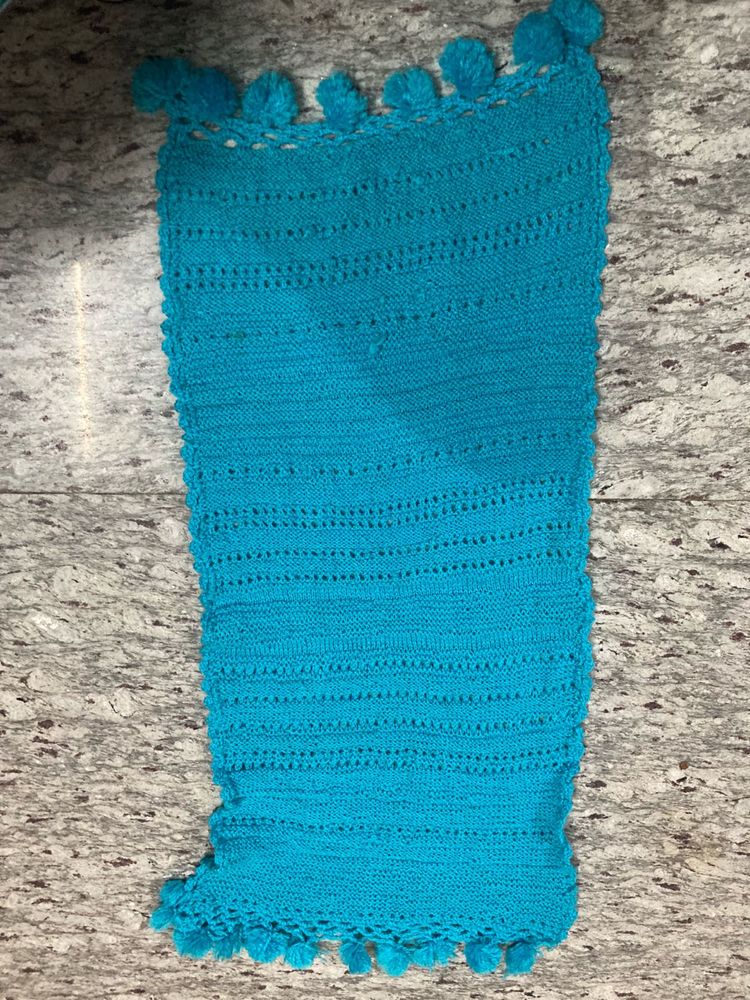 Teal Knitted Scarf with Pom Poms