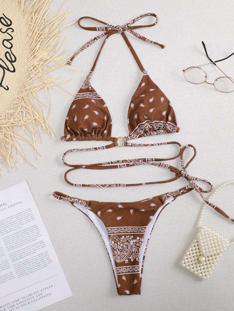 1141. Brown Paisley Print Bikini top