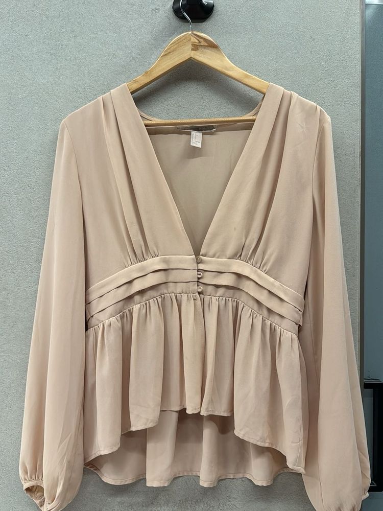 Elegant Beige V-Neck Blouse