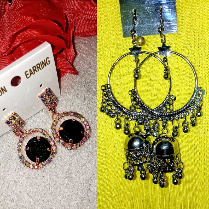 Combo Set Of 2 Black DropEarring &amp; Metallic Jhumka