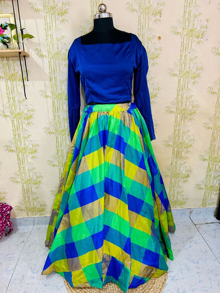 Blue &amp; Green Checkered Skirt Set