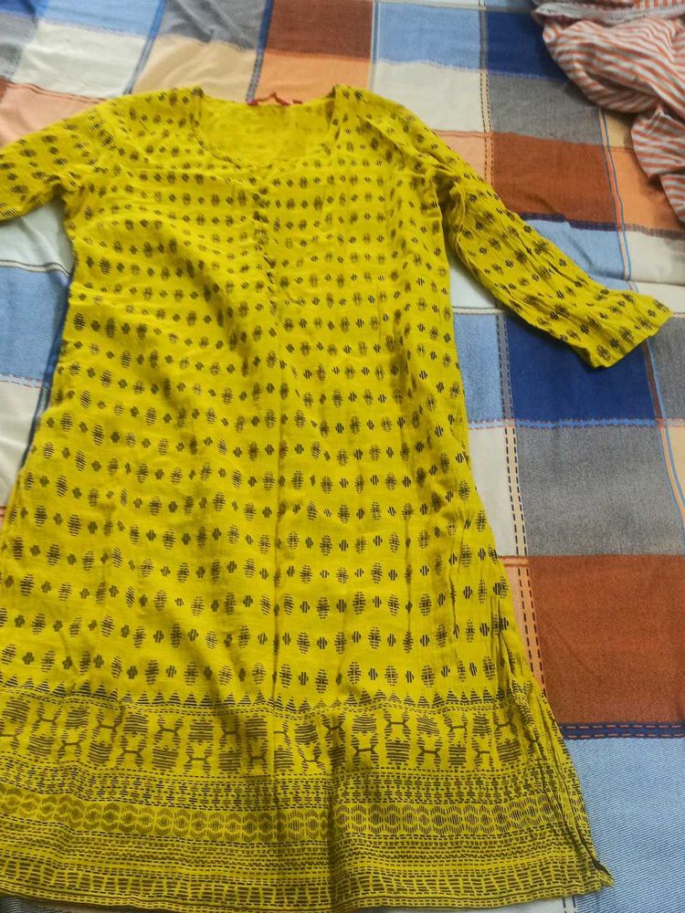 Yellow Cotton Printed Kurta