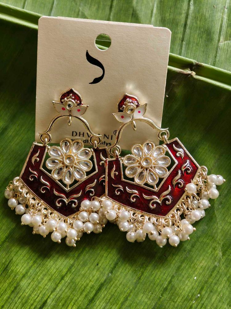 Dark Red &amp; Pearl Kundan Earrings