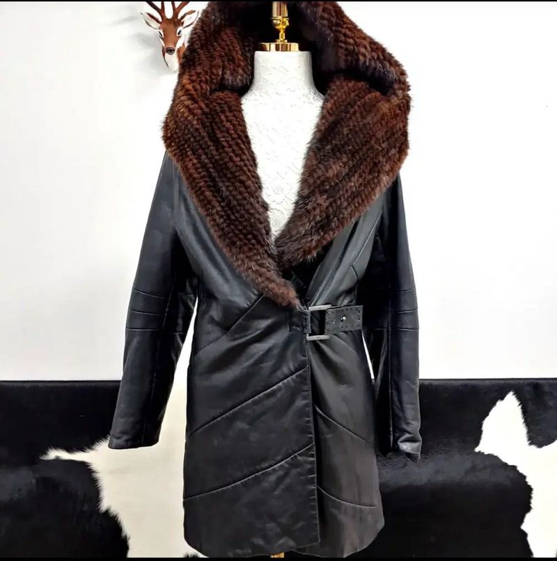 Leather faux fur coat