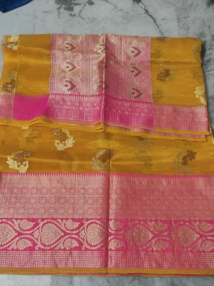 Gold And Pink Organza Saree