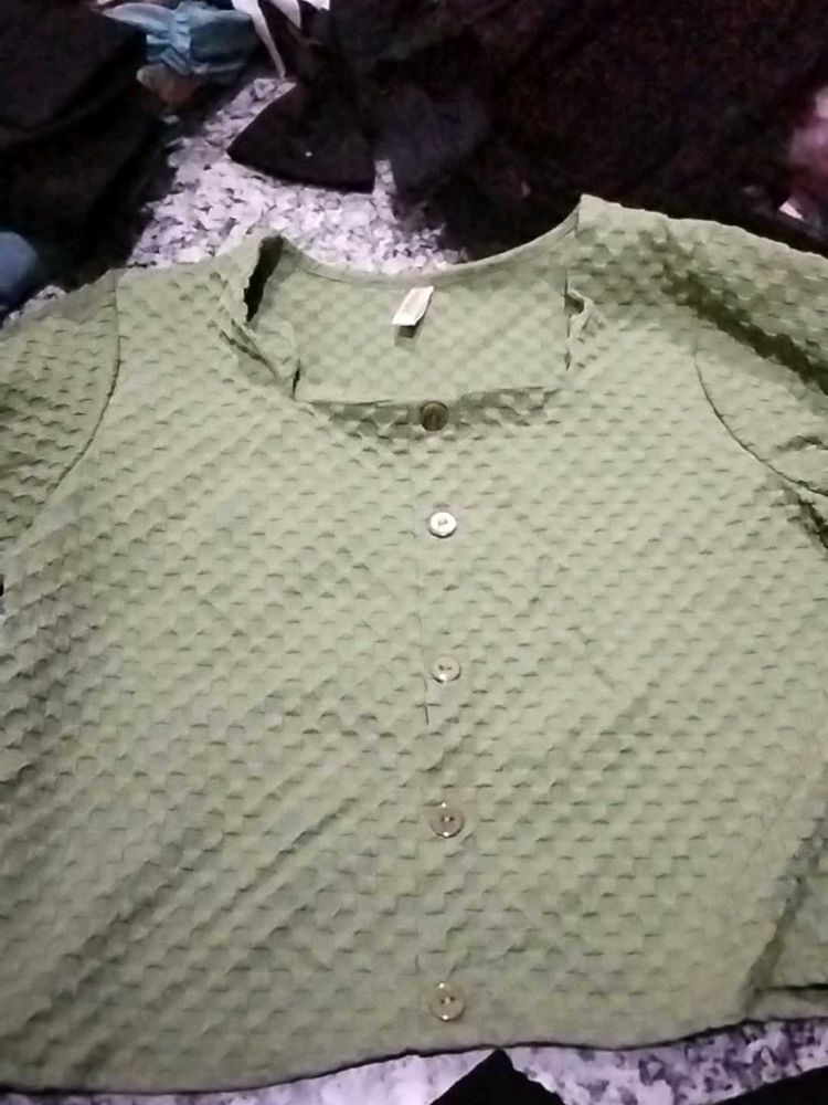 Green Textured Button-Up Top