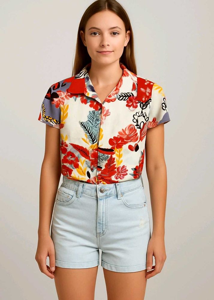 Floral Outfit Set(New)Crop Shirt And Denim Shorts