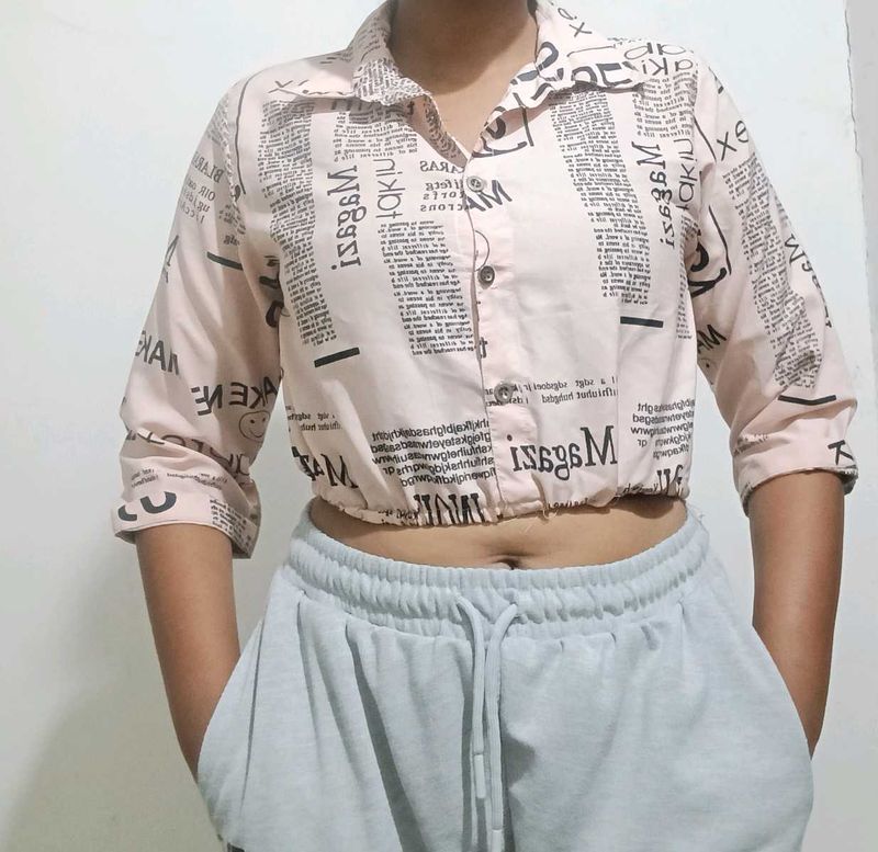 Newsprint Cropped Button-Down Top