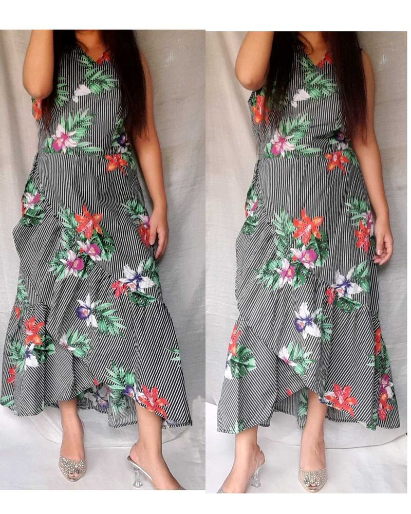 Striped Floral Sleeveless Wrap Dress