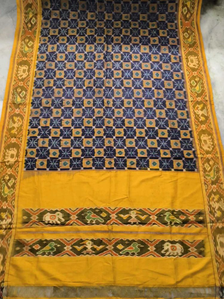 Vintage Ikat Saree Yellow &amp; Navy
