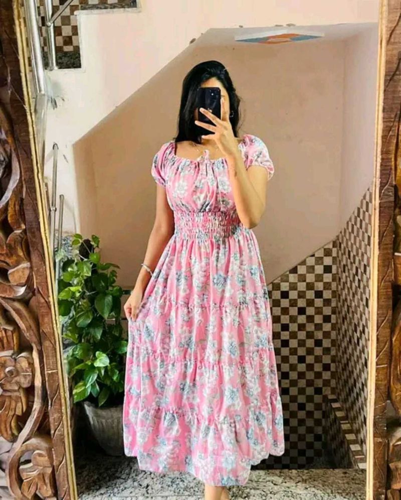 Floral Pink Tiered Midi Dress