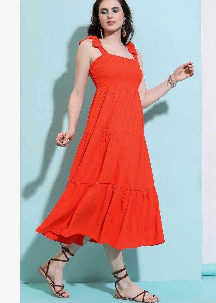 Red Shoulder Strap Gathered Fit &amp; Flare Dress