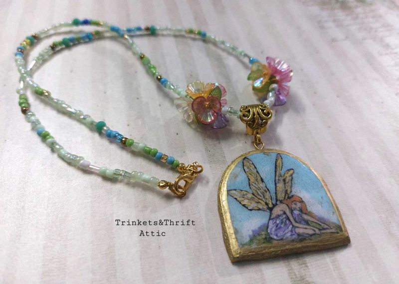 Forest Fairy Clay Pendant Floral Bead Necklace