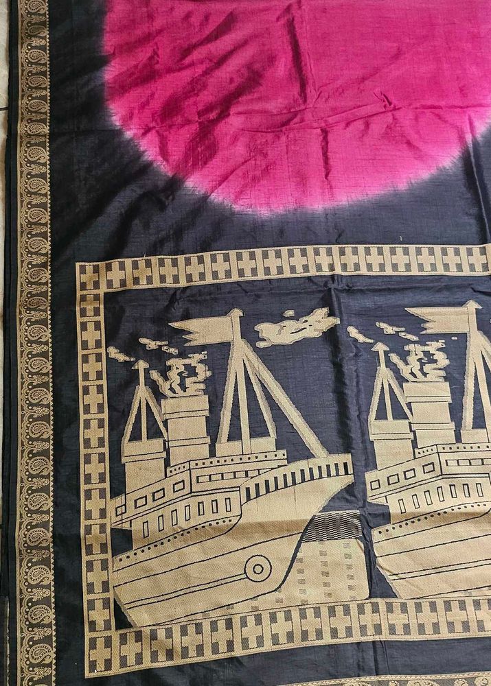 Pink &amp; Black Ship Print Saree