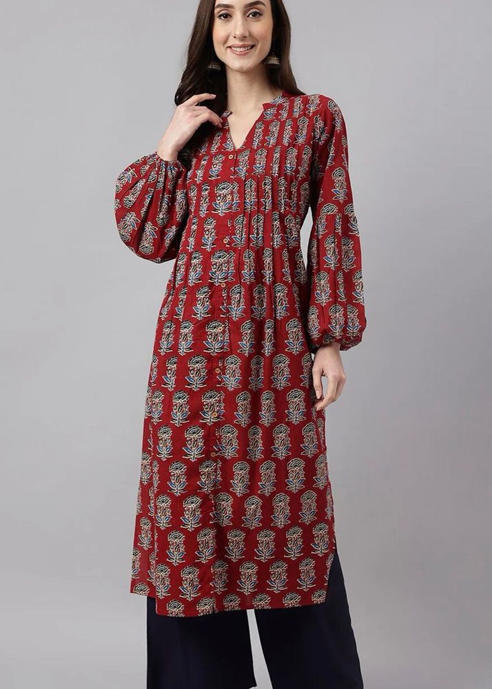 Janasya Red Printed Kurta