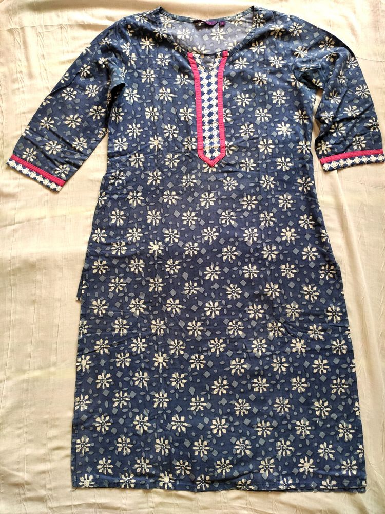 Blue Cotton Kurta With Pocket