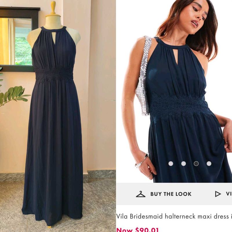 Navy Blue  Elegant Halterneck Maxi Dress