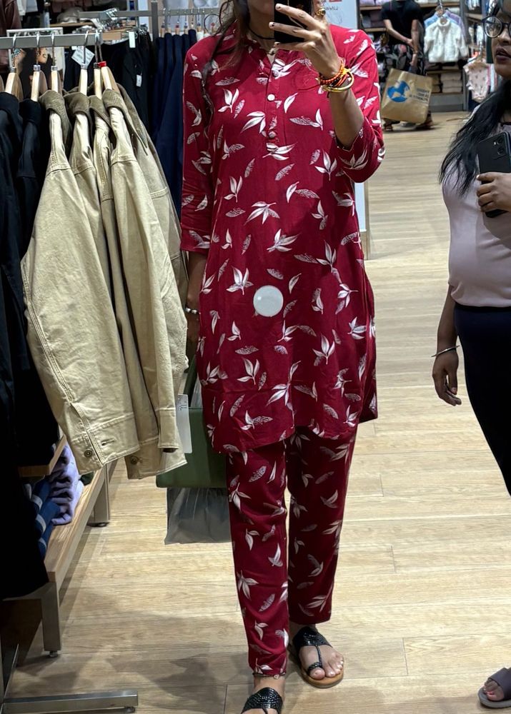 Red Leaf Print Co-ord Set - Tunic &amp; Pants