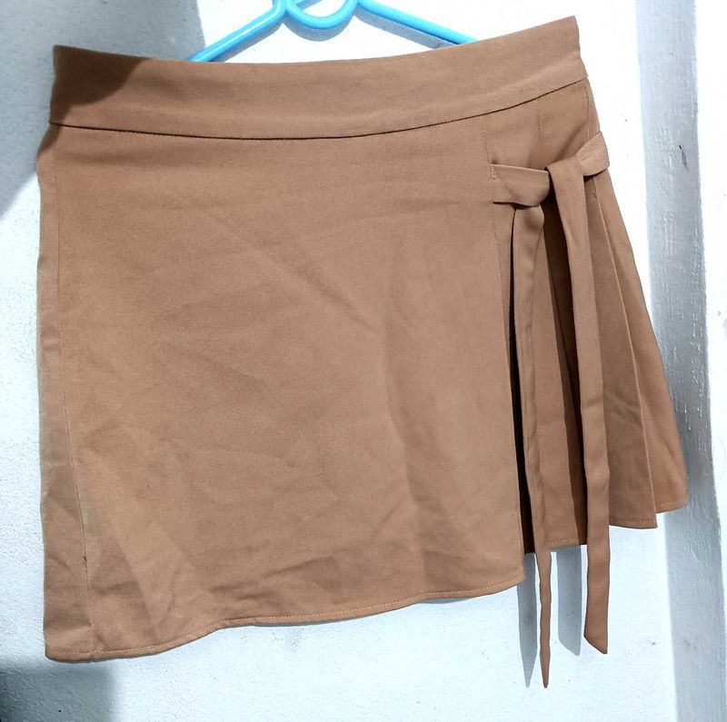 Camel Faux Suede Wrap Mini Skirt
