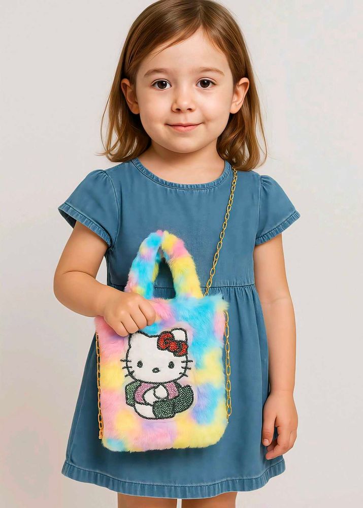 Kids Furry Rainbow Handbag With Long Metal Chain