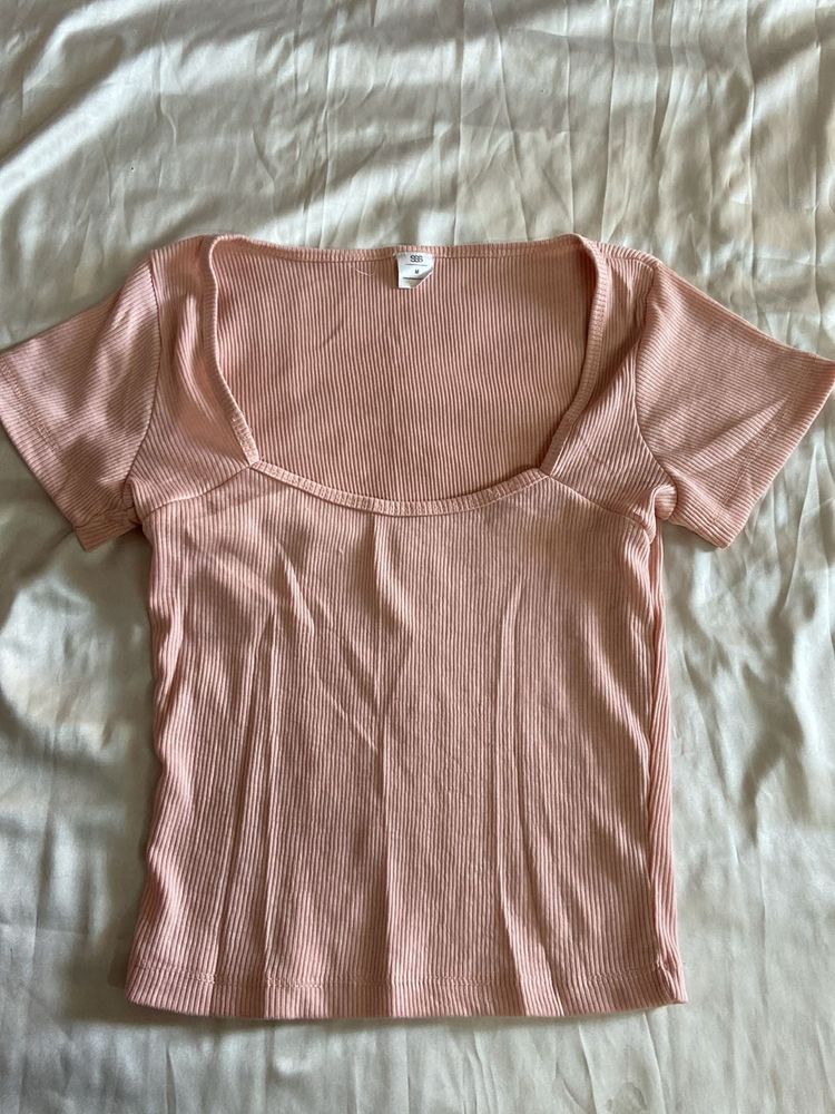 Peach Ribbed Square Neck Top