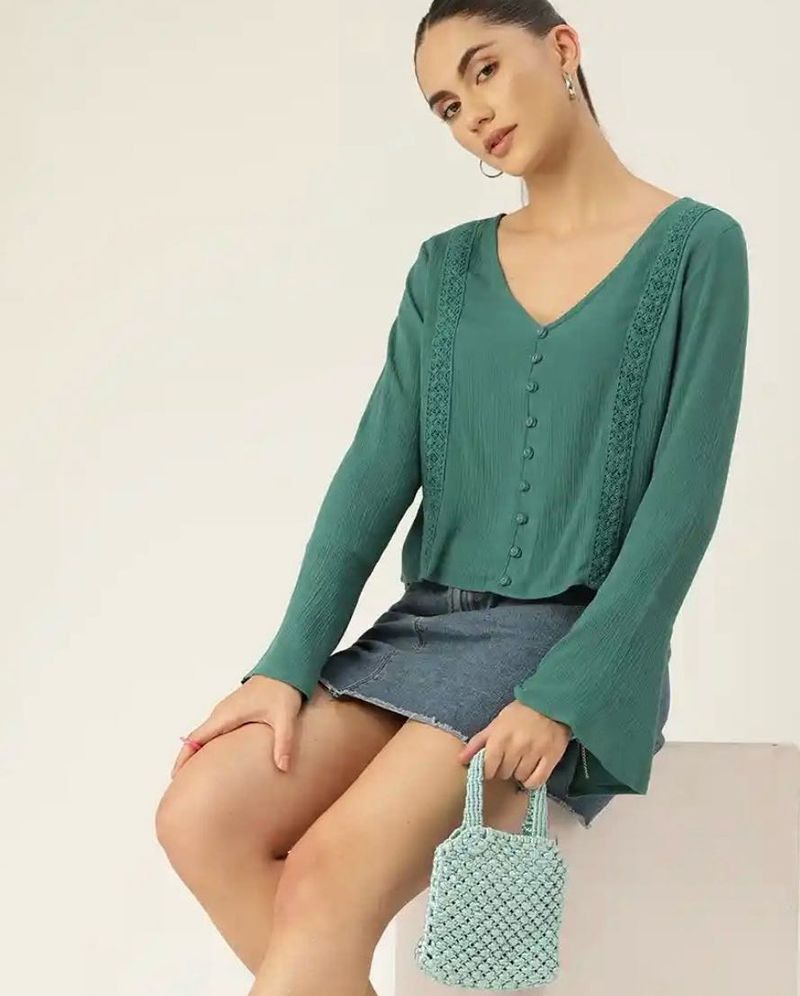 Green self design lace inserts flared sleeve