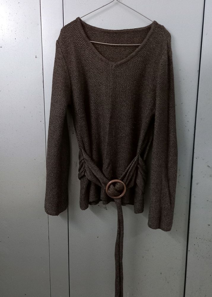 Beautiful V Neck Brown Sweater With  Bow Detail
