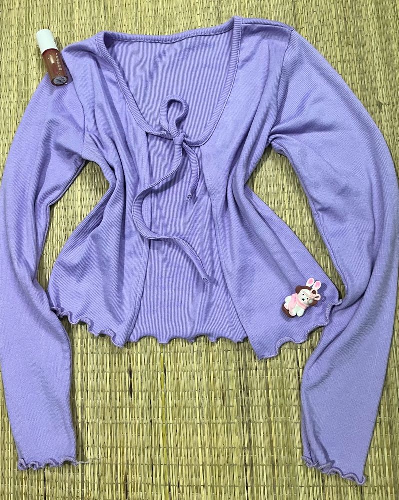Lilac Tie-Front Ribbed Cardigan