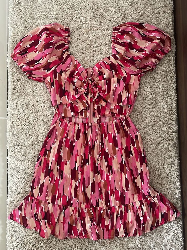 Vibrant Puff Sleeve Cut Out Mini Dress