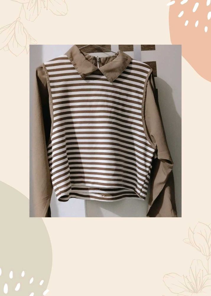 Trendy Brown &amp; White Striped Collared Top – Long S