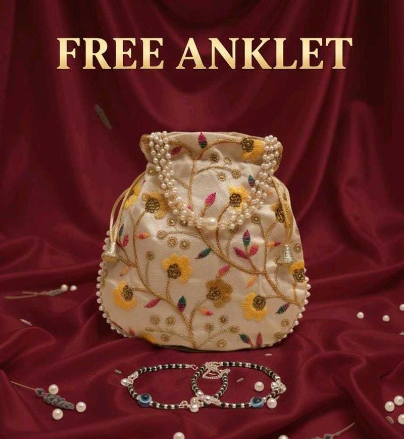 Floral Embroidered Potli Bag free anklet