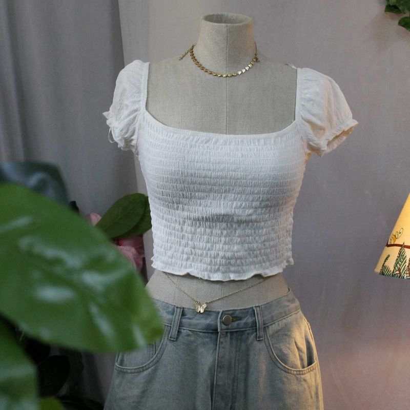 H&amp;M White Shirred Crop Top