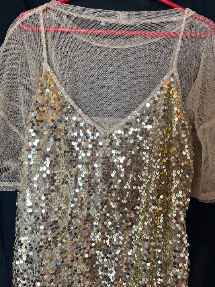 Sequin Cami and Mesh Top Set
