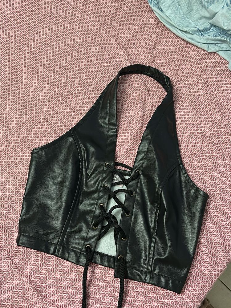 Black Leather Halter Neck Top