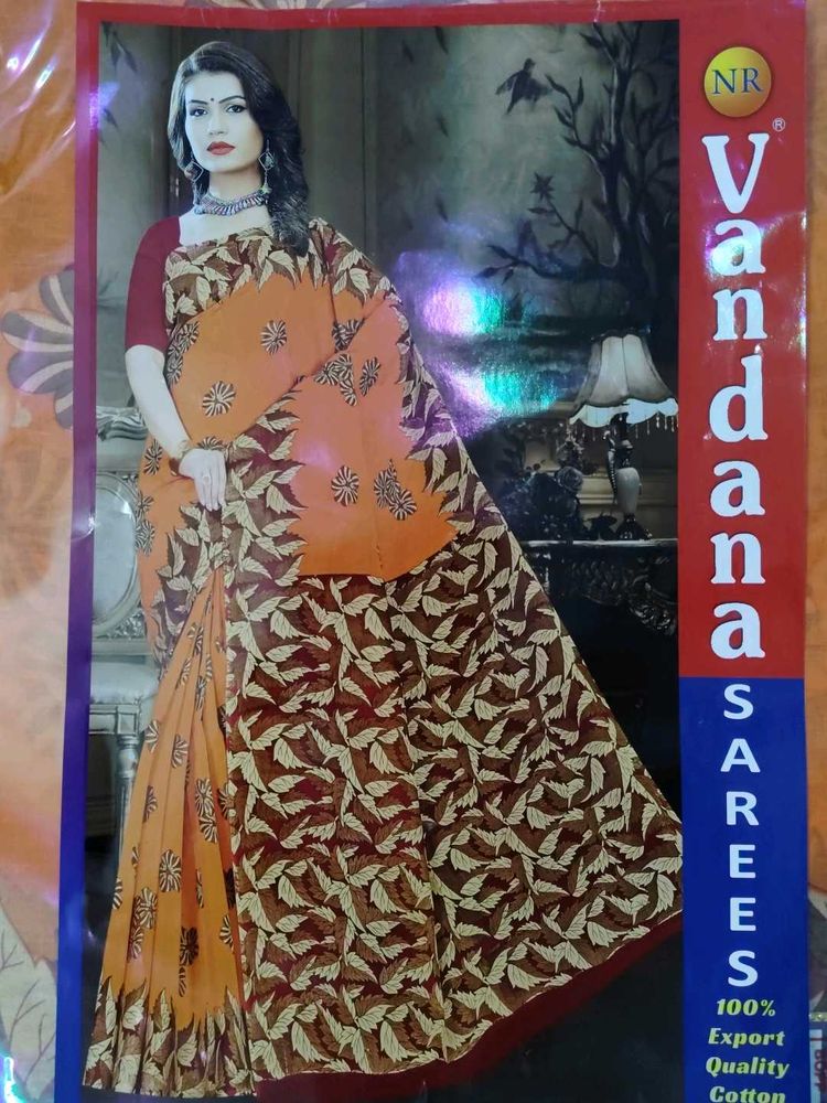 Vandana Sarees Orange Leaf Print