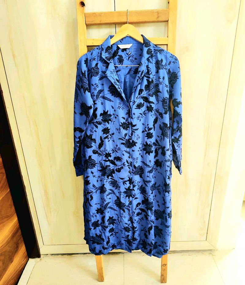 Blue Printed Long Shirt Size-36