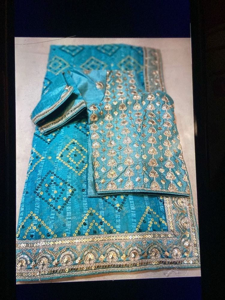 Teal Embroidered Indian Saree &amp; Blouse Set