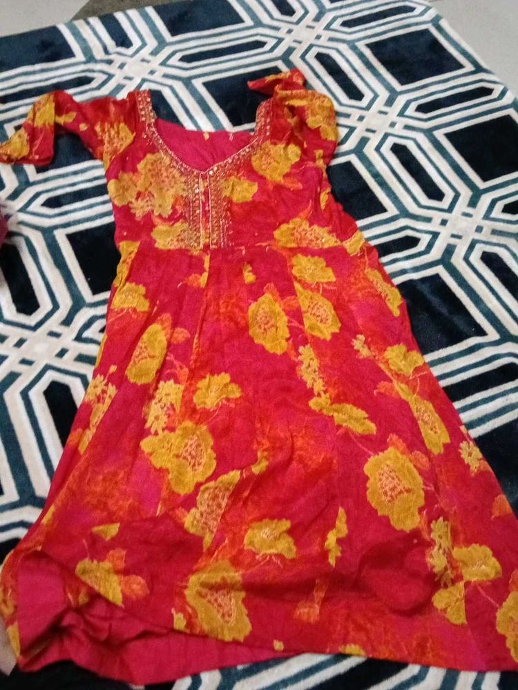 Red Floral Print Ethnic Suit