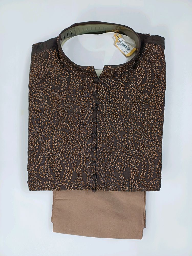 Kurta Chudidar Set (Brown With Copper Work)