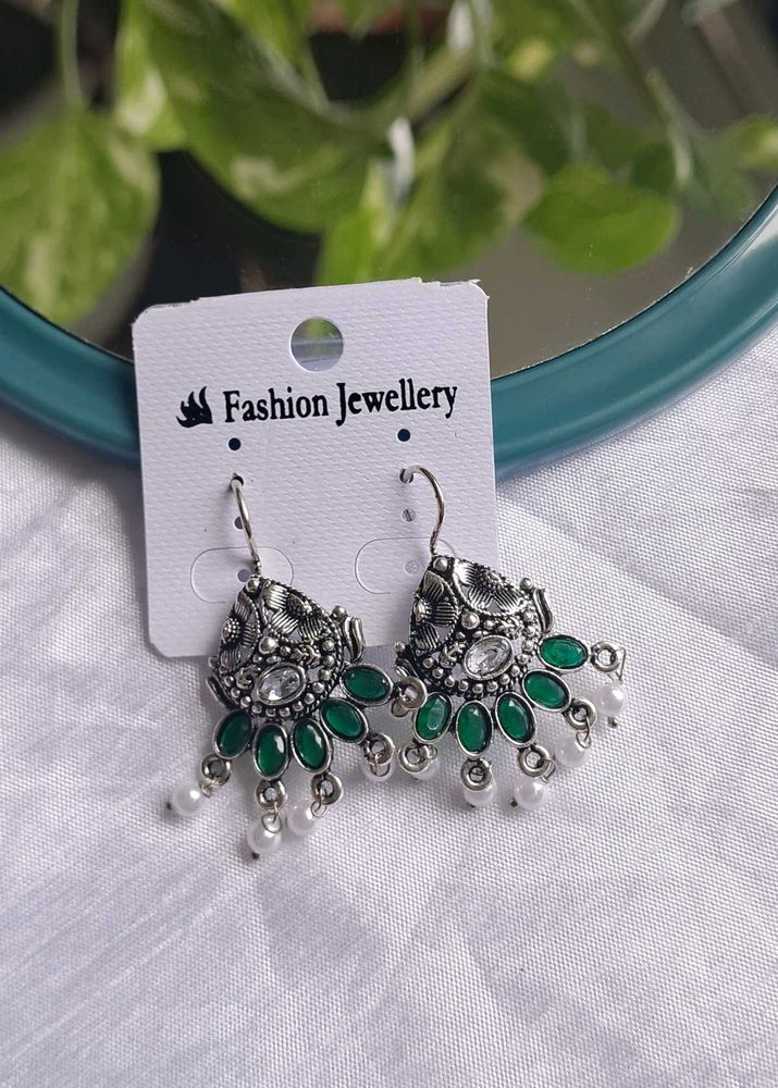 Green &amp; Silver Jhumka Earrings