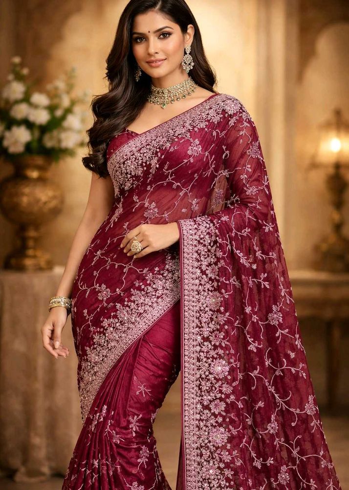 Elegant Maroon Embroidered Saree