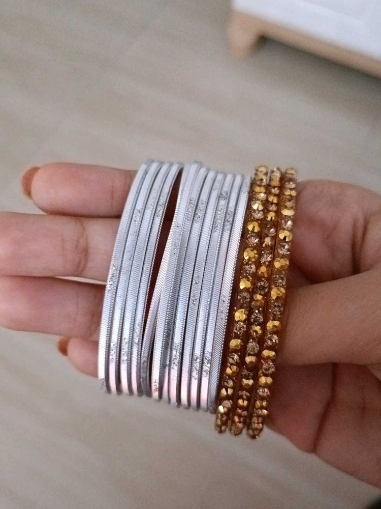Bangles Set - Silver(12pieces) &amp; Gold(3pieces)