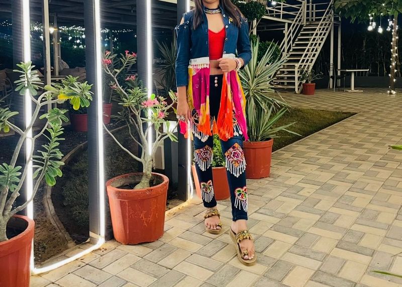 Navratri Style Denim Jeans Nd Shrug Jacket