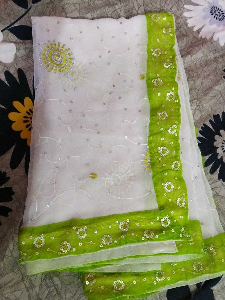 Festive Wear White And Light Green Fancy Dupatta